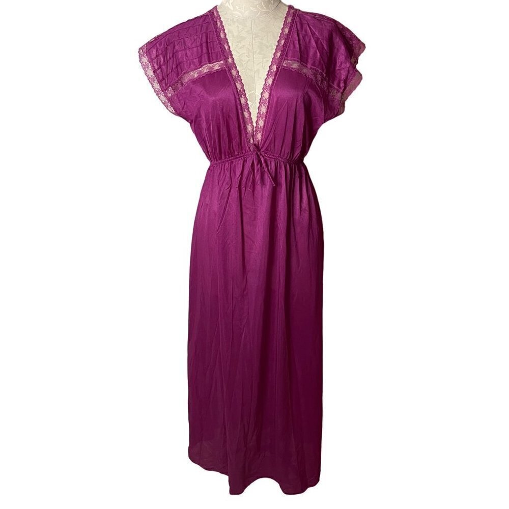 Avian Vintage Womens Nightgown Size Large Purple Maxi Lace Trim V Neck